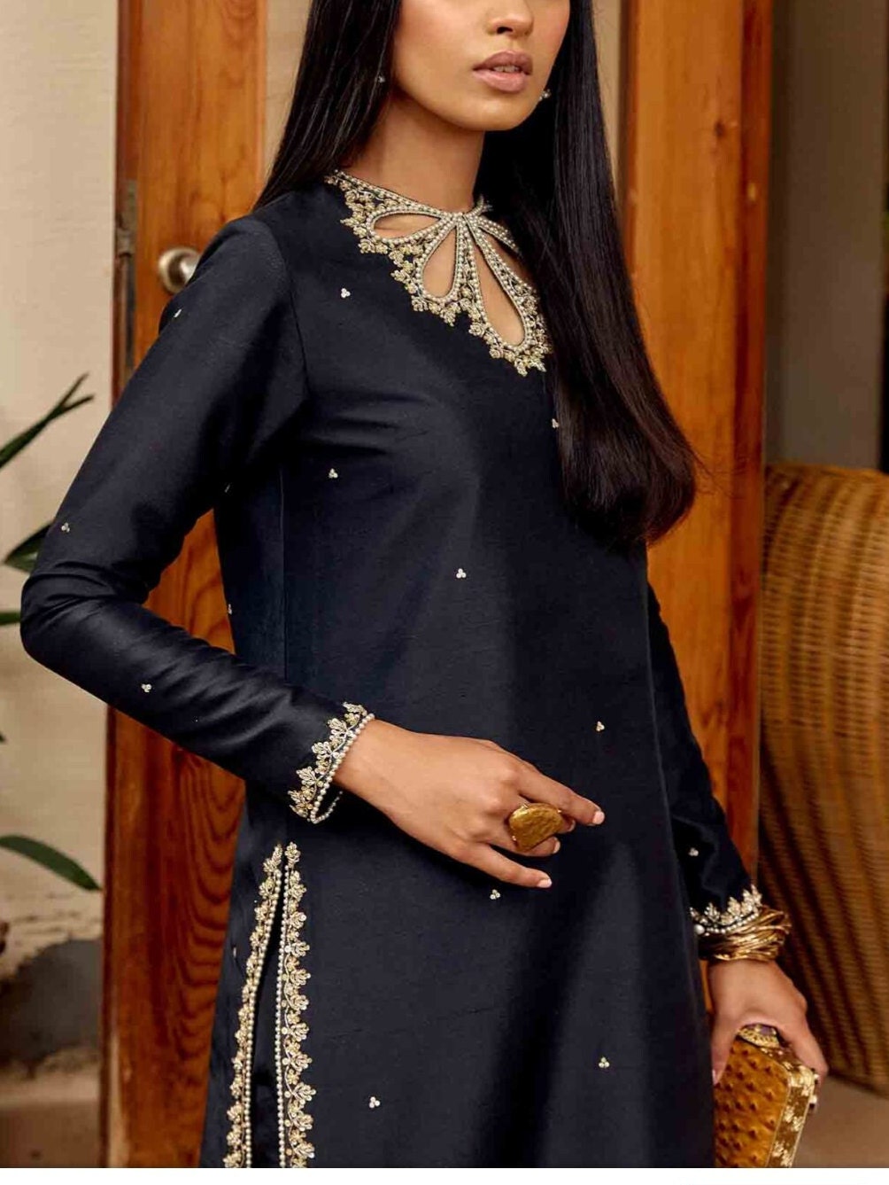 Black Raw Silk Straight Kurta, Beaded Silk Top,embroidered Salwar Kameez,  Plus Size Silk Suit, Silk Black Indian Dress,kurti Pant Suit Set 