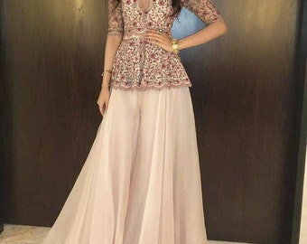 Embroidered Tulle Peplum Top with Gharara Pant: pink sharara Wedding Dress