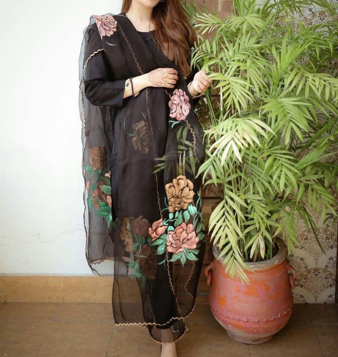 Black Silk Kurti Pant Suit: Hand-painted Dupatta, Party Wear
