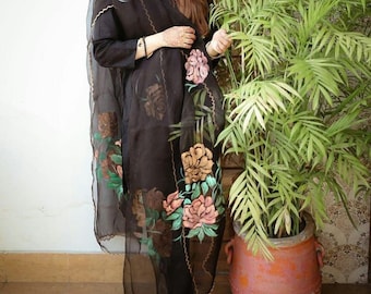 Black Silk Kurti Pant Suit: Hand-Painted Dupatta, Party Wear