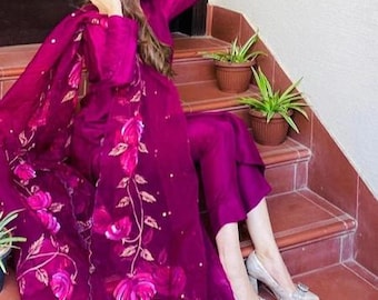 Purple Raw Silk Salwar Kameez: Hand-Painted Organza Dupatta, Indian Suit