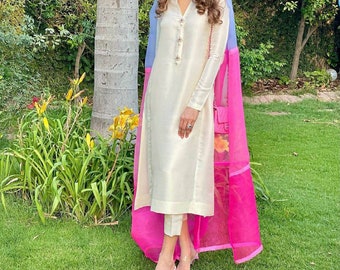 Off white silk long pakistani kameez with straight pant,shaded orgenza dupatta