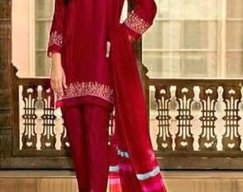 Red Silk Kurta Pant Set: Embroidered Indian Party Wear