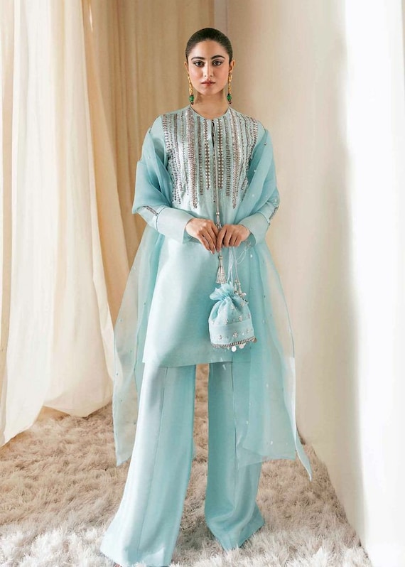 Buy SAAHMRIGA Women Yellow, Pink Embroidered Net Set Of 2 Kurta Palazzo Set  And Pakistani Salwar Suit Dress Material Online at Best Prices in India -  JioMart.