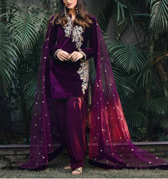 Velvet Salwar Kameez,purple Salwar Suit Women,punjabi Dress for