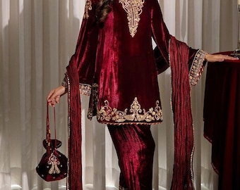 Maroon Velvet Kurti Suit: Pakistani Zari Embroidery Dress