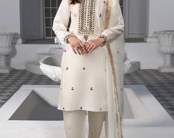 Mirror Work Silk Kurti Pant Suit: Hand Embroidered Pakistani Salwar Suit