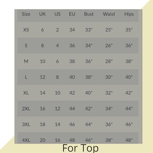 May include: Size chart for tops with measurements in inches for bust, waist, and hips. Sizes include XS, S, M, L, XL, 2XL, 3XL, and 4XL. Corresponding UK, US, and EU sizes are also listed.