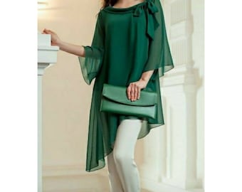 Asymmetrical Green shirt dress,formal party wear suit,plus size short tunic pant set, bride Mother dress