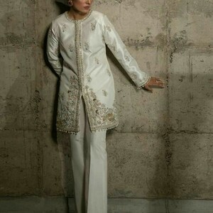 Silk Pant Suit: Embellished Jacket, Bell Bottom pant , wedding dress,Formal Occasion