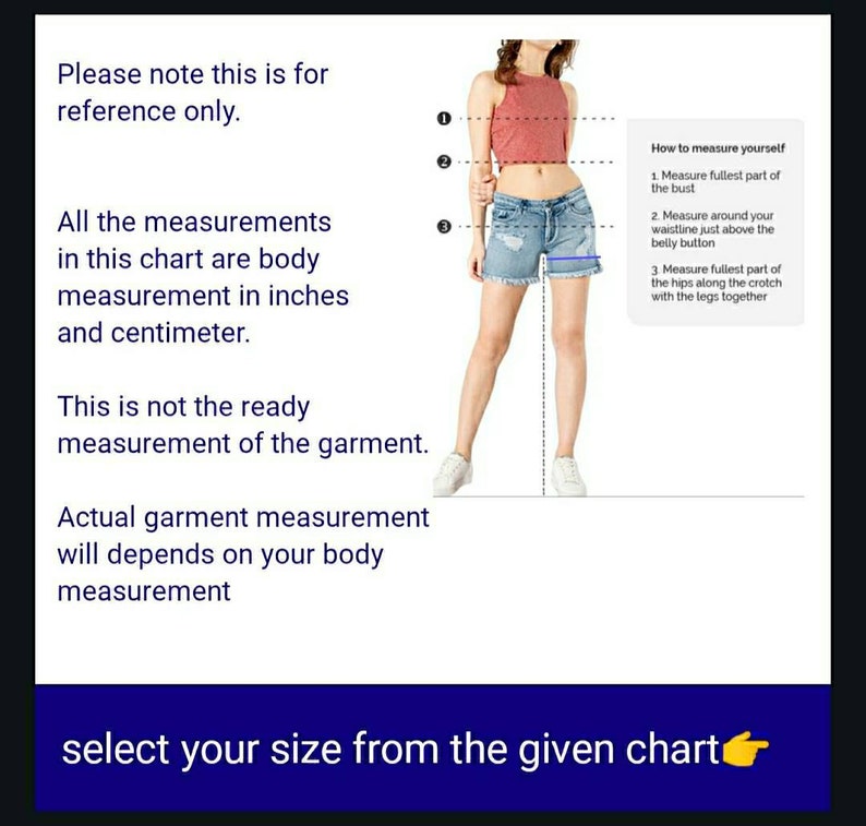 May include: Diagram showing how to measure the bust, waist, and hips for clothing sizing. The diagram includes a woman standing with lines indicating where to measure. The text reads: "How to measure yourself 1. Measure fullest part of the bust 2. Measure around your waistline just above the belly button 3. Measure fullest part of the hips along the crotch with the legs together"