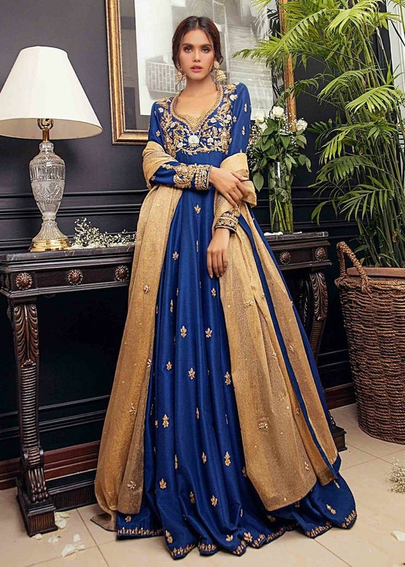 Buy Persian Blue Silk Printed Anarkali Gown Online – Vasansi Jaipur