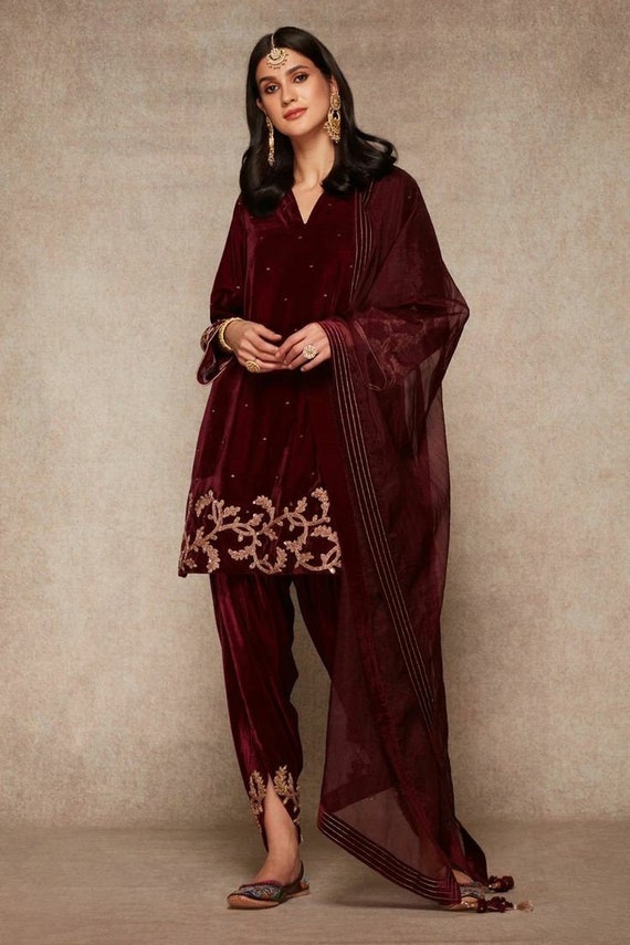 Maroon Velvet Kurta Suit,velvet Dhoti Salwar,embellished Velvet