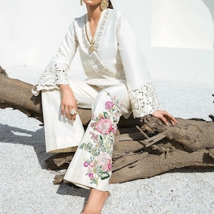 White floral pant with jacket, overlap jacket suit, pant short top dress, wedding reception dress, bride mother dress