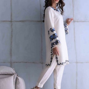 White Suit for Women, Party Wear Kurti Pant Set, Multi Color Embroidery Bridesmaid Kurti Pant Suit, Custom Size Dress