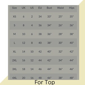 May include: Size chart for tops with measurements in inches for bust, waist, and hips. Sizes include XS, S, M, L, XL, 2XL, 3XL, and 4XL. Corresponding UK, US, and EU sizes are also listed.