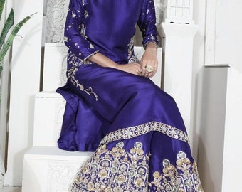 Pantaloni kurta decorati, abito da festa di nozze, abito Eid con lavorazione zari blu