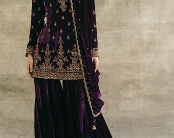 Buy Deep Wine Embroidered Velvet Gharara Suit: Indian Wedding