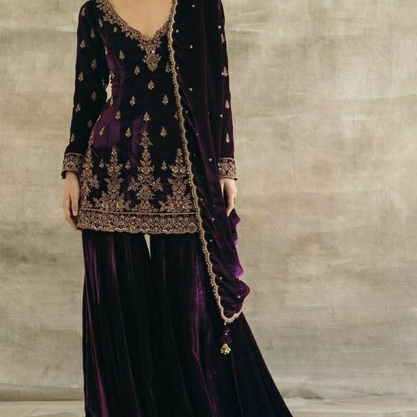 Velvet garara suit for woman, beads embroidered  velvet wedding gharara,plus size velvet sharara suit,indian wedding dress, purple sharara