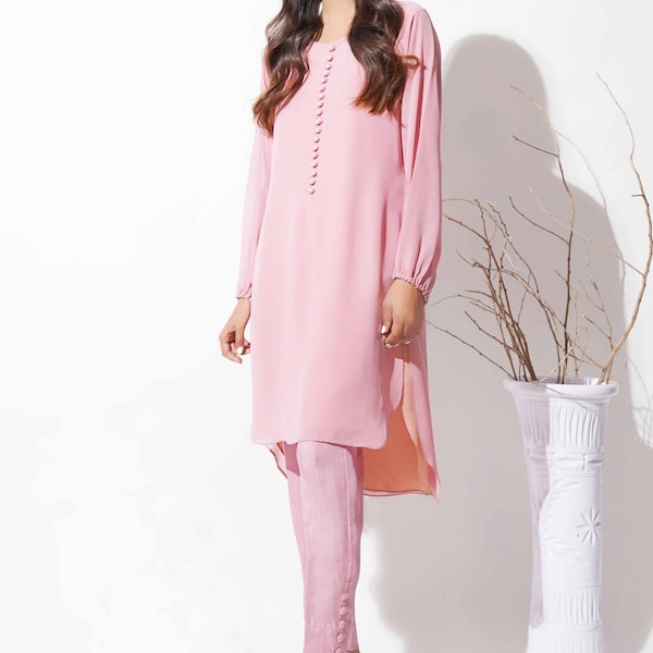 Tunique courte rose avec pantalon droit, tunique courte de haut en bas, robe chemise en georgette, tenue de bureau pour femme, robe de soirée élégante, robe élégante