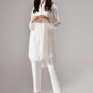White Georgette summer wear shirt with straight pant,formal white pant suit,high low kurti with pant,party wear white pant suit.