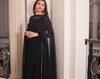 Embroidered Black Anarkali Gown: Designer Salwar Suit, Plus Size indian Wear