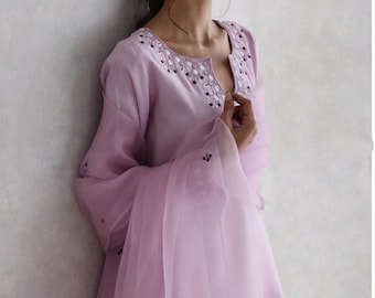 Lavender mirror work silk shirt dress, Pakistani mirror work kurti pant suit,indian formal dress, salwar kameez for plus size women