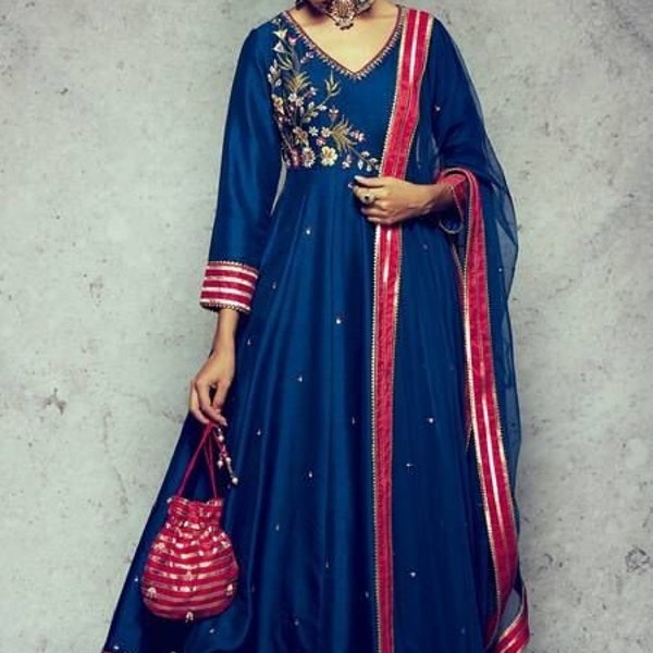 Blue silk Anarkali suit Indian wedding wear India Anarkali Gown Traditional attire