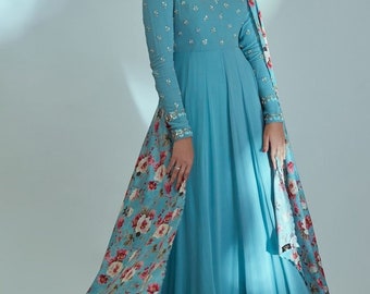Blue Silk Anarkali Gown: Indian Wedding Suit with Floral Dupatta