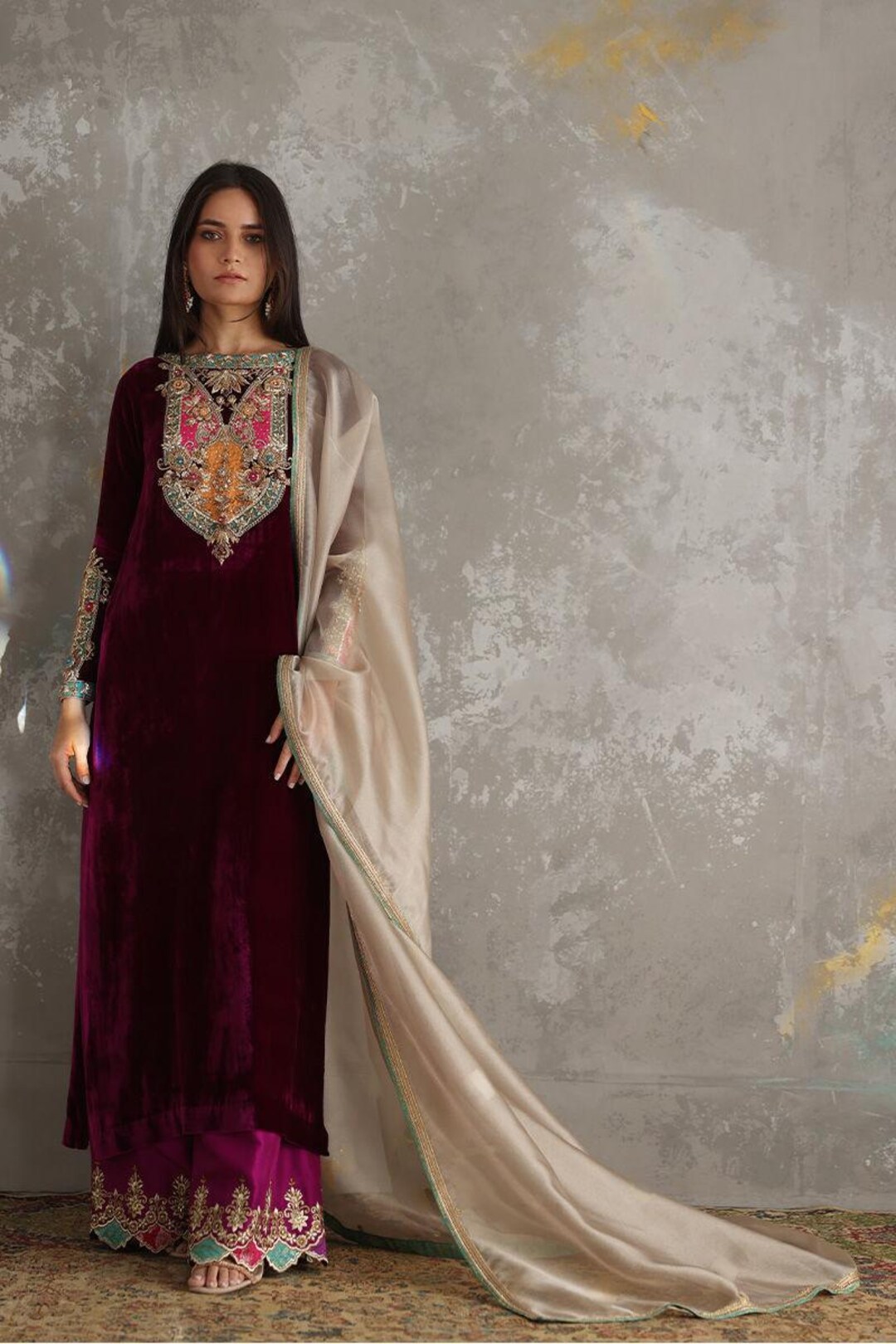 Velvet Palazzo Suit: Long Salwar Kameez With Zardozi,and Beads
