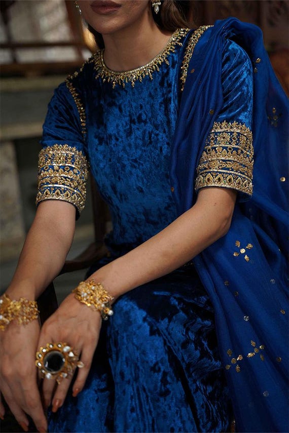 blue velvet embroidered dress Palazzo Suit: Zardozi , Sequin and Beads Hand Embroidery Short Tunic collar dress
