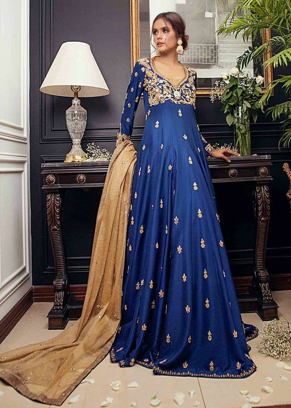 Buy Navy Blue Silk Embroidered Anarkali Gown Festive Wear Online at Best  Price | Cbazaar