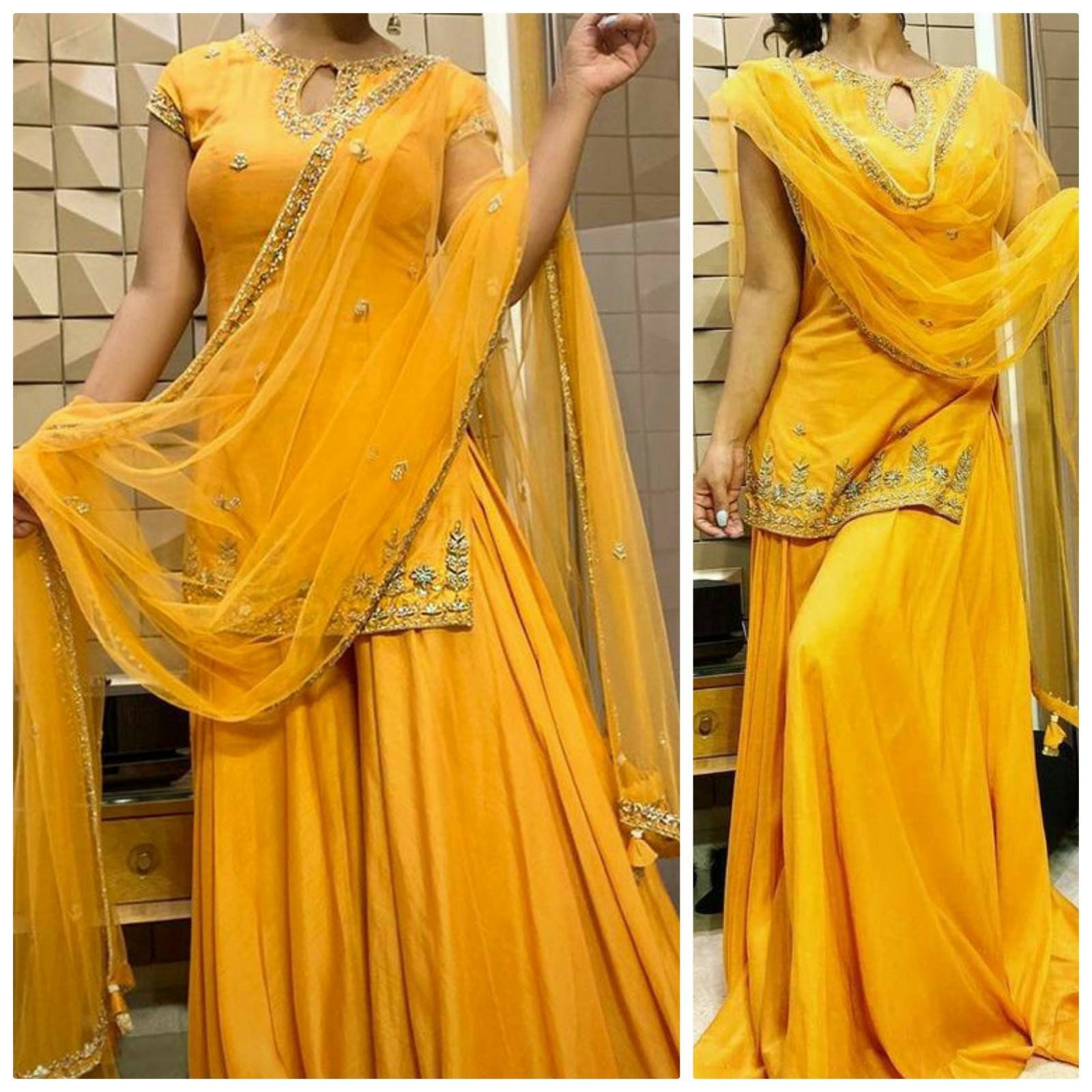 Yellow Color georgette Top With Sharara and Net Dupatta