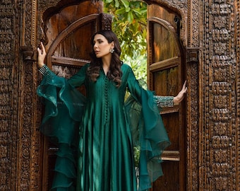 Green Raw Silk Anarkali Dress: Embroidered Indian Salwar Kameez