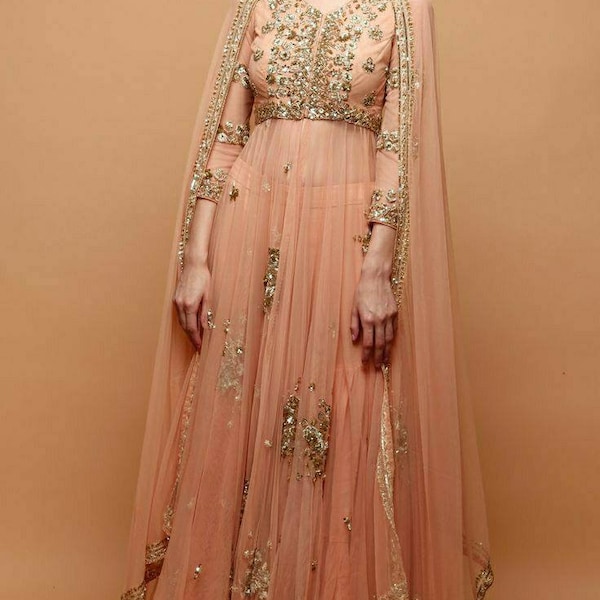 Peach zari work Anarkali,floor length anarkali indian gown,wide leg sharara pant