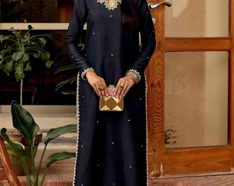 Black Raw Silk Straight Kurta, Beaded Silk Top,embroidered Salwar Kameez,  Plus Size Silk Suit, Silk Black Indian Dress,kurti Pant Suit Set 