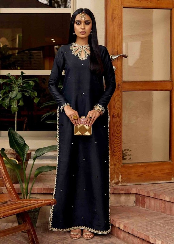 Black Raw Silk Straight Kurta, Beaded Silk Top,embroidered Salwar