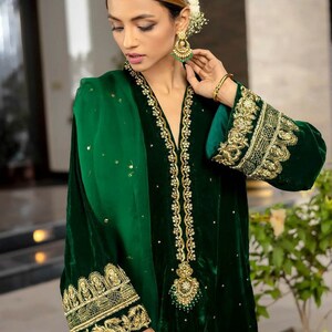 MEHENDI GREEN SILK KURTA WITH VELVET SALWAR
