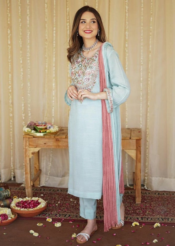 Silk White and Sky Blue Party Wear Unstitched Salwar Suit at Rs 850 in Surat