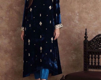 Embellished Velvet Kurti Pant Set: Teal Blue Zari Salwar Kameez