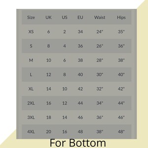 May include: Size chart for bottoms with measurements in inches for waist and hips. Sizes range from XS to 4XL with corresponding UK, US, and EU sizes.