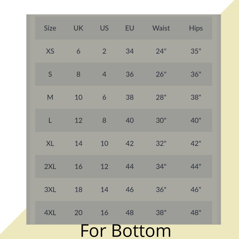 May include: Size chart for bottoms with measurements in inches for waist and hips. Sizes range from XS to 4XL with corresponding UK, US, and EU sizes.