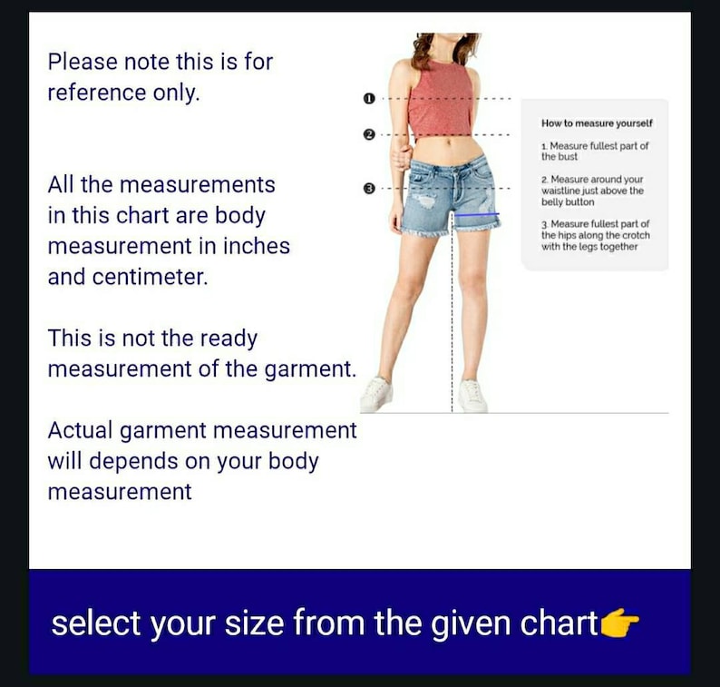 May include: Diagram showing how to measure the bust, waist, and hips for clothing sizing. The diagram includes a woman standing with lines indicating where to measure. The text reads: "How to measure yourself 1. Measure fullest part of the bust 2. Measure around your waistline just above the belly button 3. Measure fullest part of the hips along the crotch with the legs together"