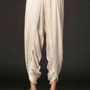 White tulip pant with mirror work, Drape pant, mirror work straight trousers