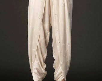 White tulip pant with mirror work, Drape pant, mirror work straight trousers