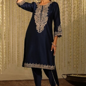 Handmade Midnight Blue Kurta Dhoti Set: Zari Embroidery, Ethnic Wear