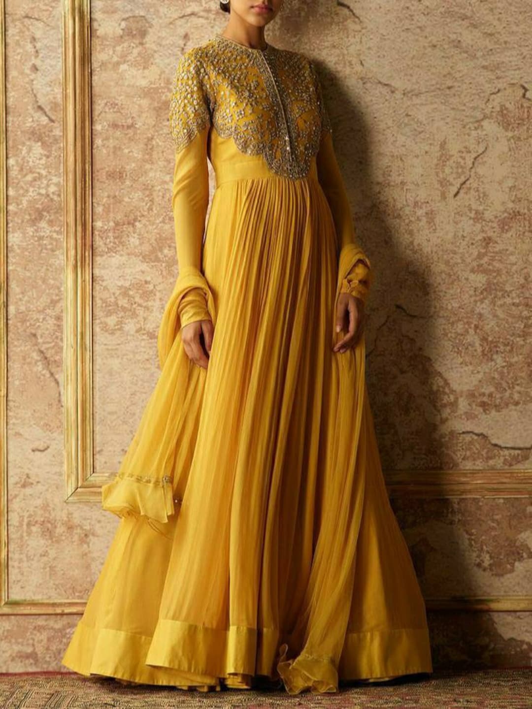 Wedding Wear Georgette Yellow Gown for Haldi Functions – tapee.in