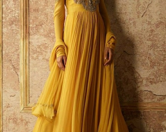 Embroidered Yellow Anarkali Gown, Indian Wedding Guest Dress
