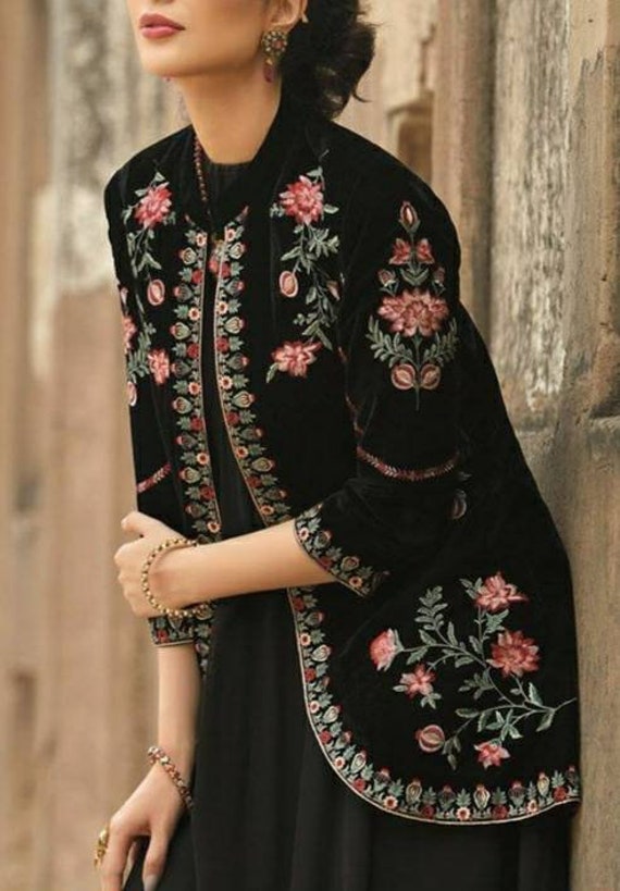 Black Velvet Jacket,multi Colour Floral Embroidery, Embellished