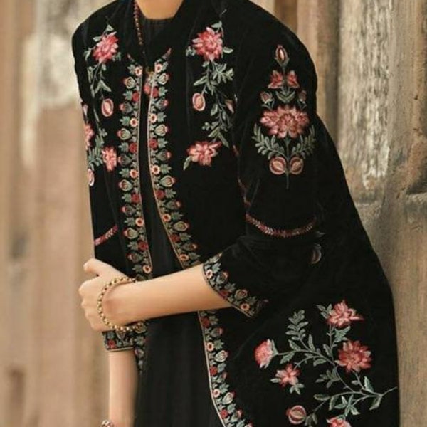 Black velvet jacket,multi colour floral embroidery, embellished formal blazer for women, plus size jacket